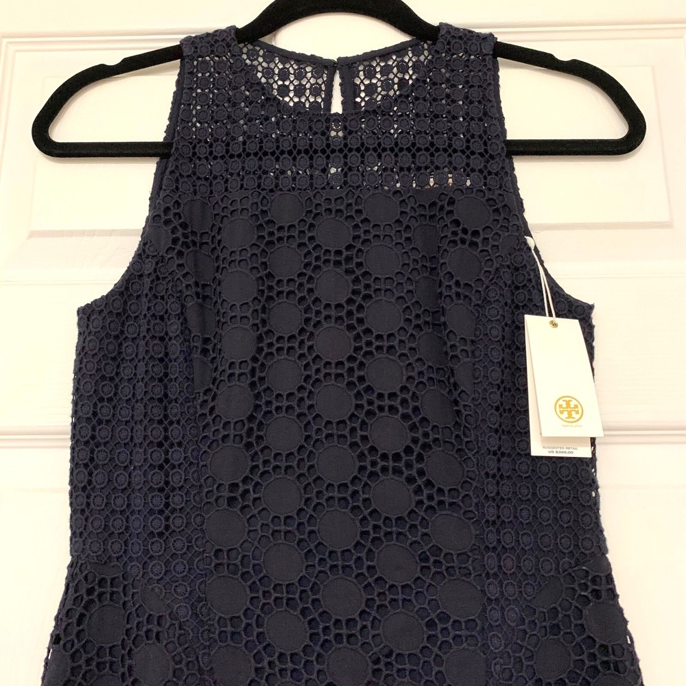 NWT Tory Burch Hallie‎ Eyelet Dress 0 00 XS Cotton $395 Navy Lace Fit Flare - Picture 3 of 13